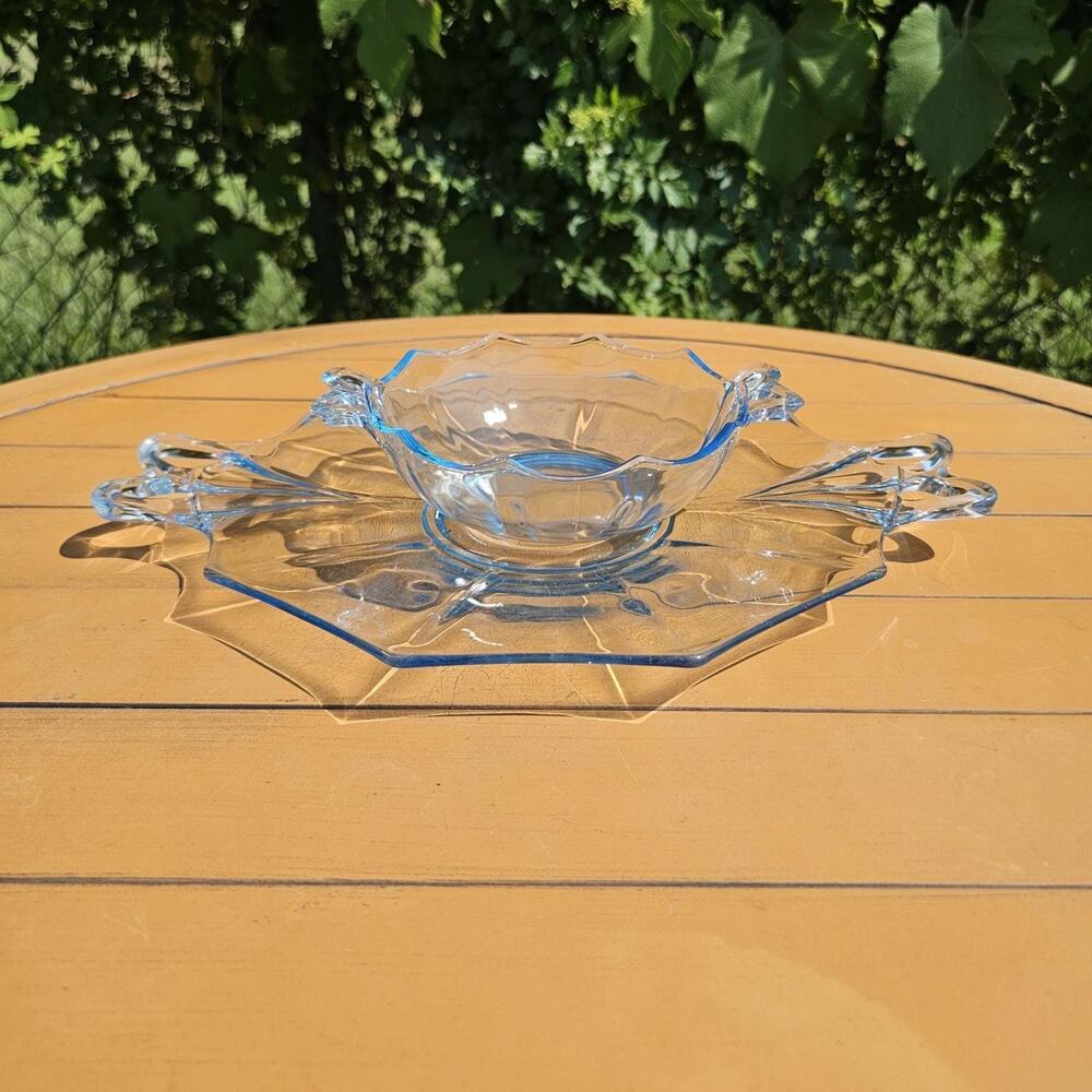 Vintage Fostoria Fairfax Azure Blue Double Handled Lemon Plate with Bowl
